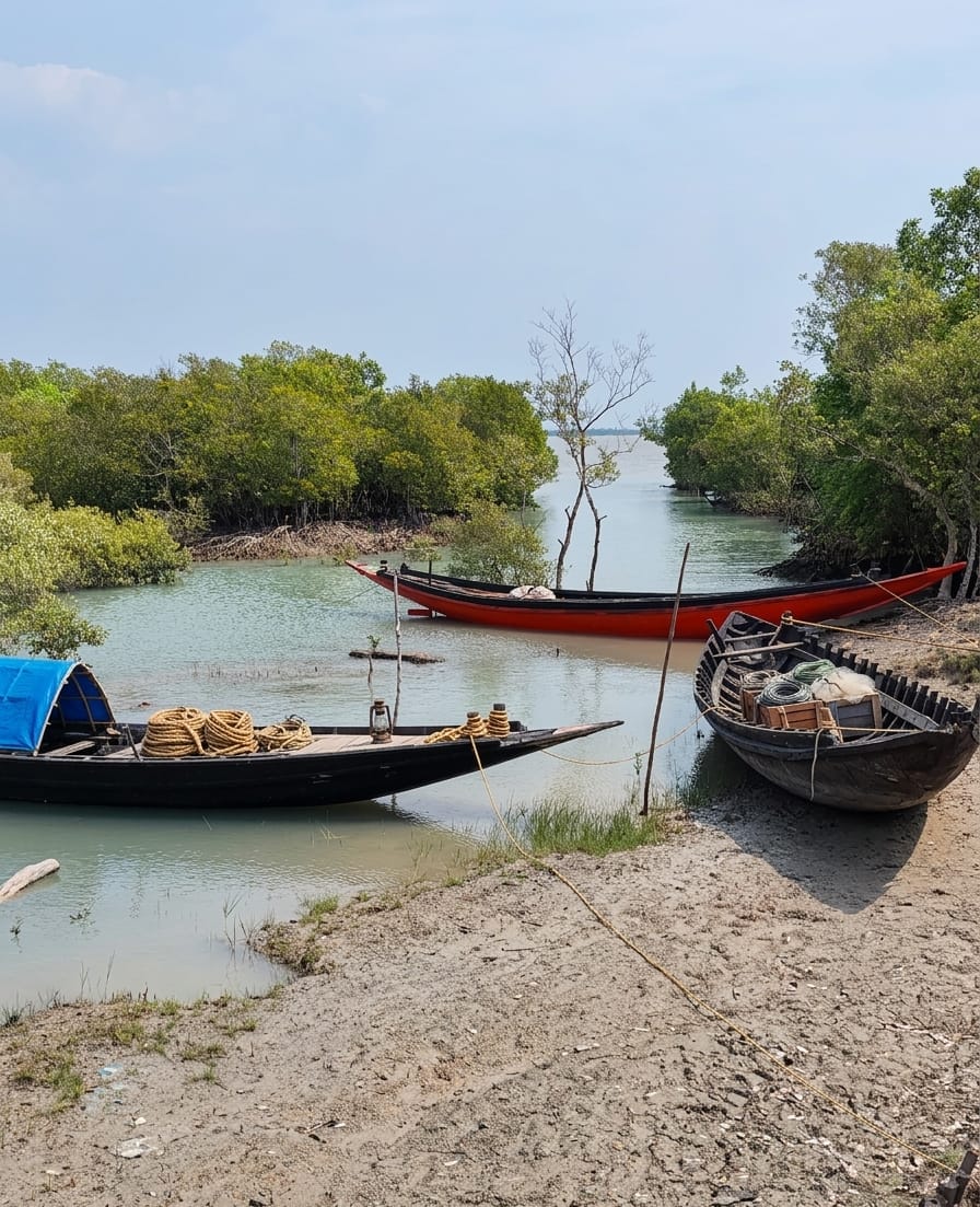 Traditional wooden boats docked at the riverbank of Sundarban mangrove forest under a clear sky.