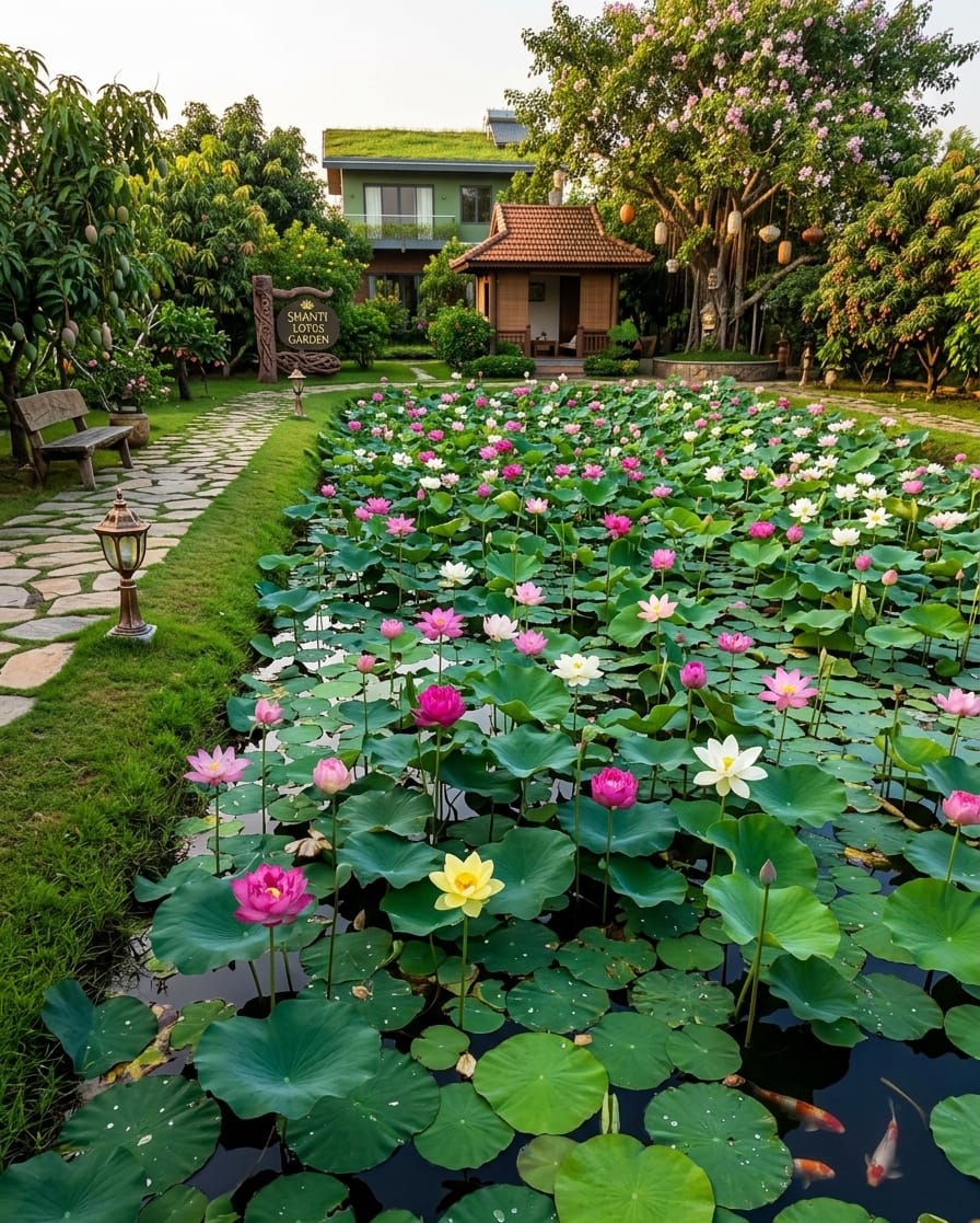 Scenic view of Shanti Lotus Garden with a blooming lotus pond, stone pathway, and a traditional gazebo at a Sundarban resort.